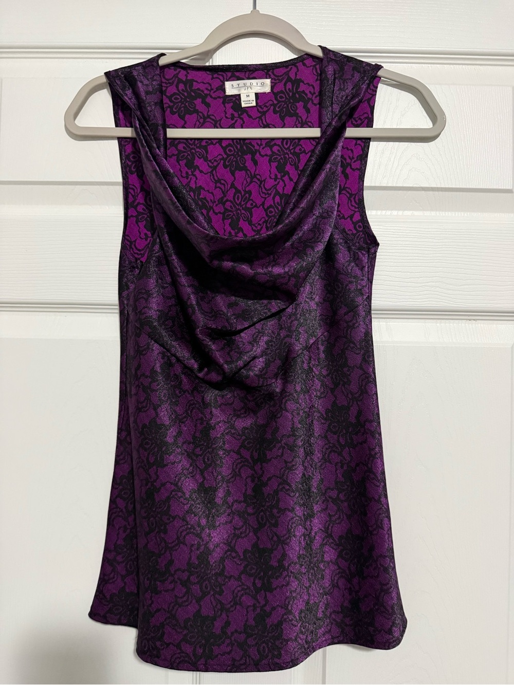 Studio Purple and Black Lace-Print Cowl Neck Tank